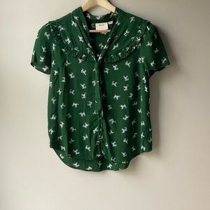 Anthropologie Maeve Short Sleeve Green Blouse with Dog Print Small